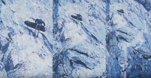 A climber ascends a rocky cliff, captured in three sequential frames showing their movement on the steep surface.