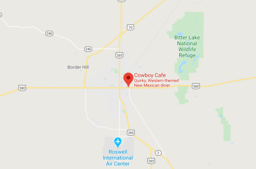 Map showing location of Cowboy Cafe, a quirky, Western-themed diner near Roswell, New Mexico.