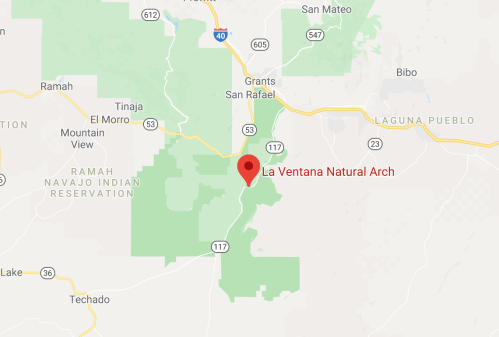Map showing the location of La Ventana Natural Arch in New Mexico, near Grants and the Ramah Navajo Indian Reservation.