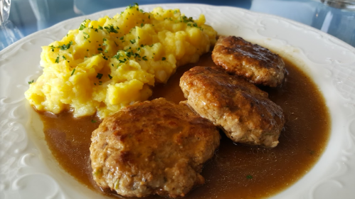 Three meat patties in gravy served with creamy mashed potatoes, garnished with parsley on a decorative plate.