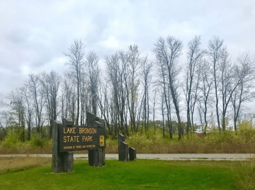 Sign for Lake Bronson State Park with bare trees in the background under a cloudy sky.