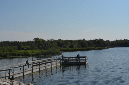 A serene lake scene with a wooden dock, surrounded by greenery and people enjoying the outdoors on a sunny day.