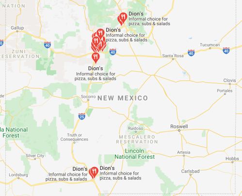 Map of New Mexico highlighting multiple locations of Dion's, a casual dining option for pizza, subs, and salads.