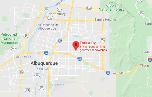 Map showing Albuquerque, New Mexico, with a marker for Fork & Fig, a restaurant known for gourmet sandwiches.