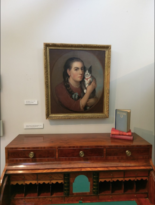 A framed portrait of a girl holding a cat, displayed above a wooden writing desk with drawers and books.