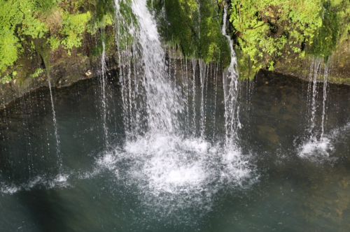 A serene waterfall cascading over mossy rocks into a clear pool of water below, surrounded by lush greenery.