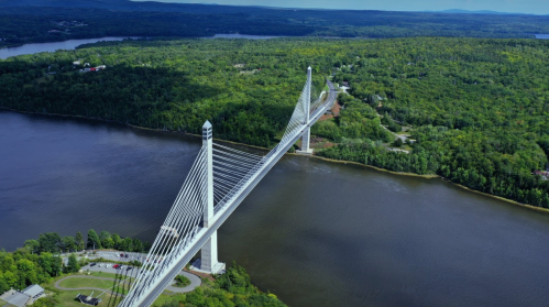 Aerial view of a cable-stayed bridge spanning a river, surrounded by lush green trees and hills.