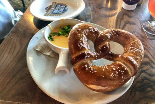 A large pretzel with coarse salt served on a plate alongside a small bowl of cheese dip and chopped green onions.