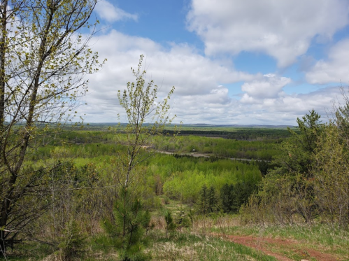 A scenic view of lush green hills and trees under a partly cloudy sky.