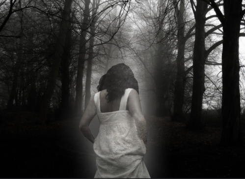 A woman in a white dress stands with her back to the camera, surrounded by a foggy, dark forest.