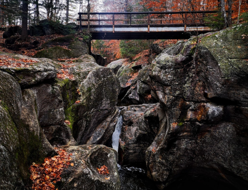 A wooden bridge spans rocky terrain, surrounded by autumn foliage and a small stream flowing through the boulders.