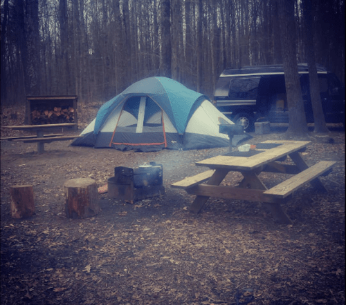 A campsite with a blue and gray tent, a van, picnic tables, and a fire pit surrounded by trees.