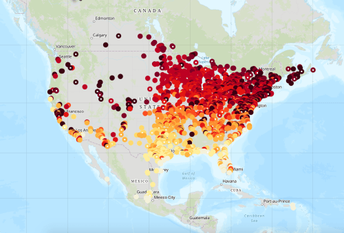 Map showing heat distribution across the United States, with varying shades of red, orange, and yellow indicating intensity.