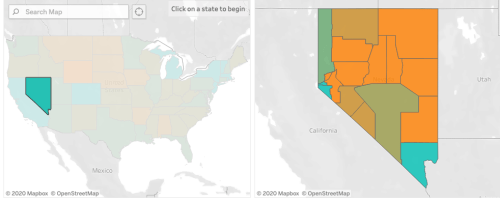 Map of the western United States, highlighting states with different colors, including Nevada and surrounding areas.