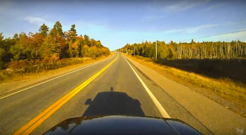 A scenic highway stretches into the distance, lined with trees displaying autumn colors under a clear blue sky.