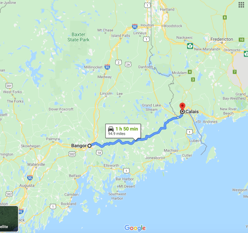 Map showing a route from Bangor to Calais, Maine, with a distance of 94.9 miles and an estimated travel time of 1 hour 50 minutes.