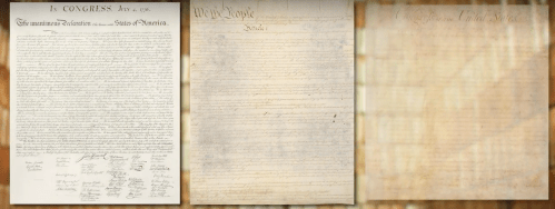 Three historical documents: the Declaration of Independence, the U.S. Constitution, and the Articles of Confederation.