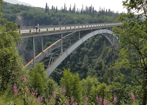 A large arch bridge spans a lush green valley, with trees and wildflowers in the foreground.