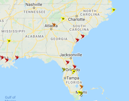 Map of the southeastern U.S. showing cities like Atlanta, Orlando, and Miami, with various colored markers.