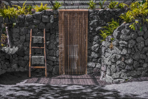 A stone wall with a bamboo curtain door, surrounded by greenery and a wooden ladder leaning against it.