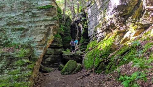 Two hikers navigate a narrow, moss-covered canyon surrounded by tall, rocky walls and lush greenery.