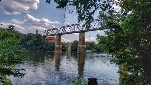 A metal bridge spans a river, surrounded by lush greenery and a partly cloudy sky. Reflections shimmer on the water.