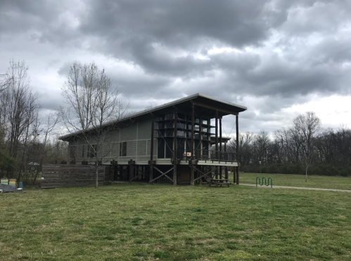A modern, elevated house with a sloped roof, surrounded by grassy land and cloudy skies.