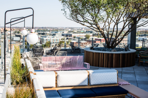 Rooftop lounge area with modern seating, greenery, and a view of the city skyline on a clear day.