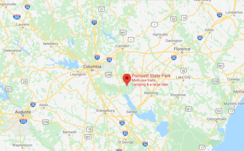Map showing Poinsett State Park in South Carolina, highlighting trails, camping, and a large lake.