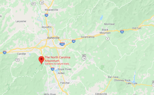 Map showing the location of The North Carolina Arboretum near Asheville, with surrounding areas and trails.