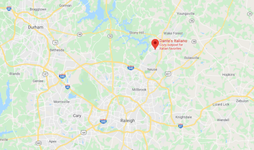 Map showing Raleigh, North Carolina, with a marker for Dante's Italiano, a cozy spot for Italian cuisine.