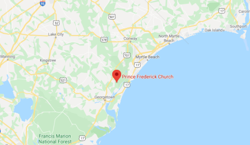 Map showing the location of Prince Frederick Church near the coast, south of Myrtle Beach, South Carolina.