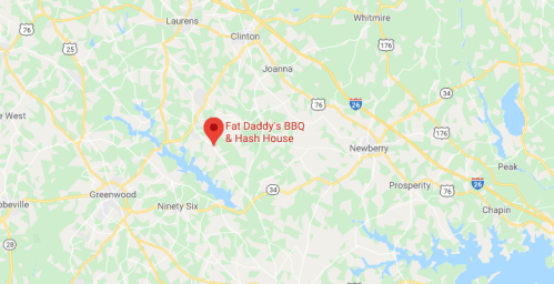 Map showing the location of Fat Daddy's BBQ & Hash House near Newberry, South Carolina.