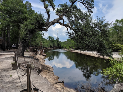 A serene river scene with lush trees, a sandy bank, and a cloudy sky reflecting on the water's surface.