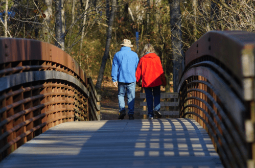 A couple walks hand in hand across a wooden bridge surrounded by trees in a serene outdoor setting.