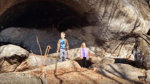 Two children stand in front of a large rock formation in a wooded area, surrounded by fallen leaves and branches.