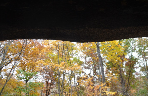 View of colorful autumn trees framed by a rocky overhang, showcasing vibrant fall foliage.