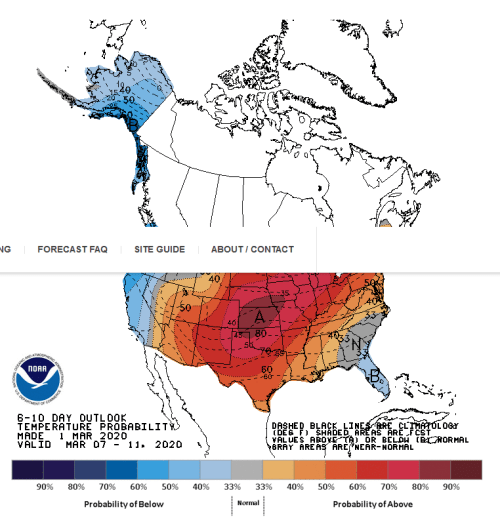 Map showing 6-10 day temperature outlook for March 7-11, 2020, with probability percentages for above and below normal temperatures.