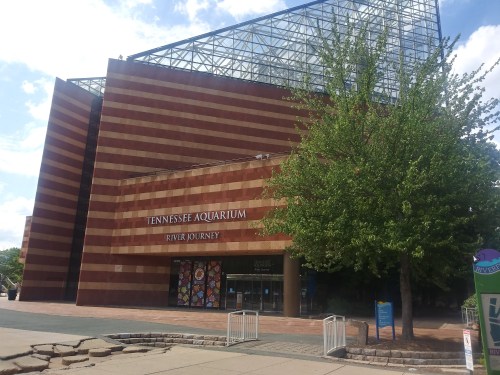 Exterior of the Tennessee Aquarium featuring a striped facade and entrance to the River Journey exhibit.