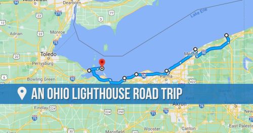 Map highlighting a road trip route along Ohio's lighthouses, featuring key locations and a blue path.