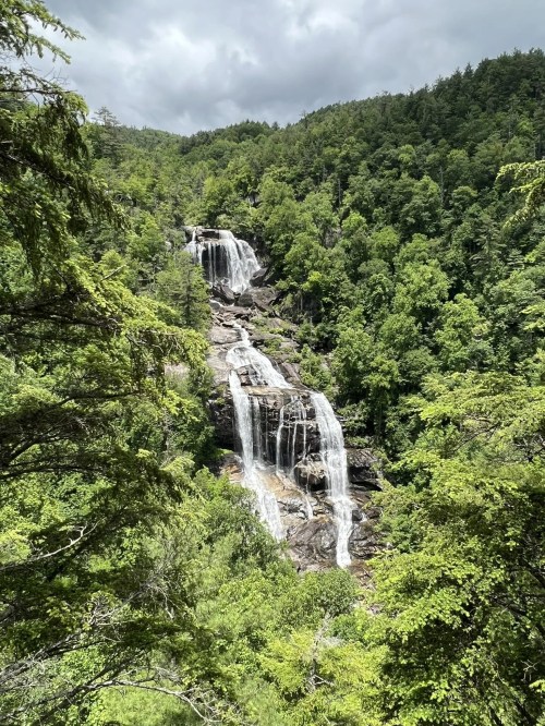 A scenic view of a cascading waterfall surrounded by lush green trees and a cloudy sky.