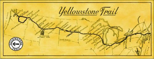 Map of the Yellowstone Trail, highlighting routes through various states leading to Yellowstone National Park.