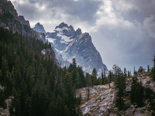 Majestic mountains rise above a dense forest, with snow-capped peaks under a cloudy sky.