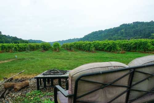 A cozy seating area overlooks a lush vineyard and rolling hills under a cloudy sky.