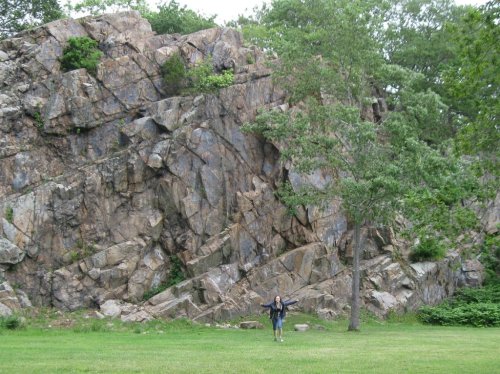 A person stands in front of a large rocky outcrop with greenery, set in a grassy area.