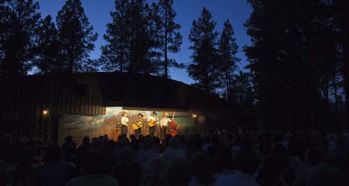 A band performs on stage at dusk, surrounded by trees, with an audience seated in front.