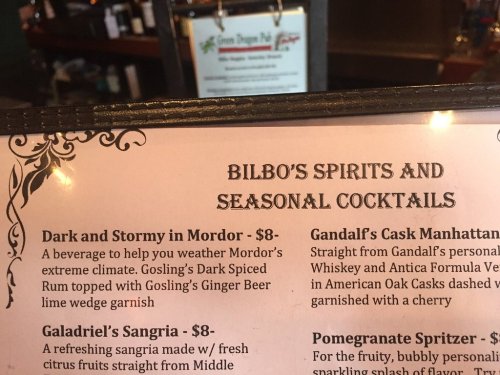 Menu featuring "Bilbo's Spirits and Seasonal Cocktails" with drink descriptions and prices.