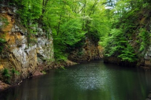 A serene river flows between lush green cliffs, surrounded by vibrant foliage and calm waters.
