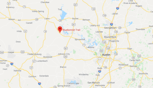 Map showing the location of Bluebonnet Trail near Llano, Texas, with surrounding towns and highways marked.