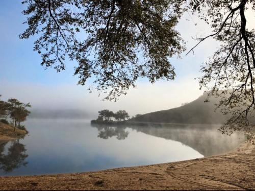 A serene lake surrounded by misty trees and hills, reflecting the calm water under a clear blue sky.